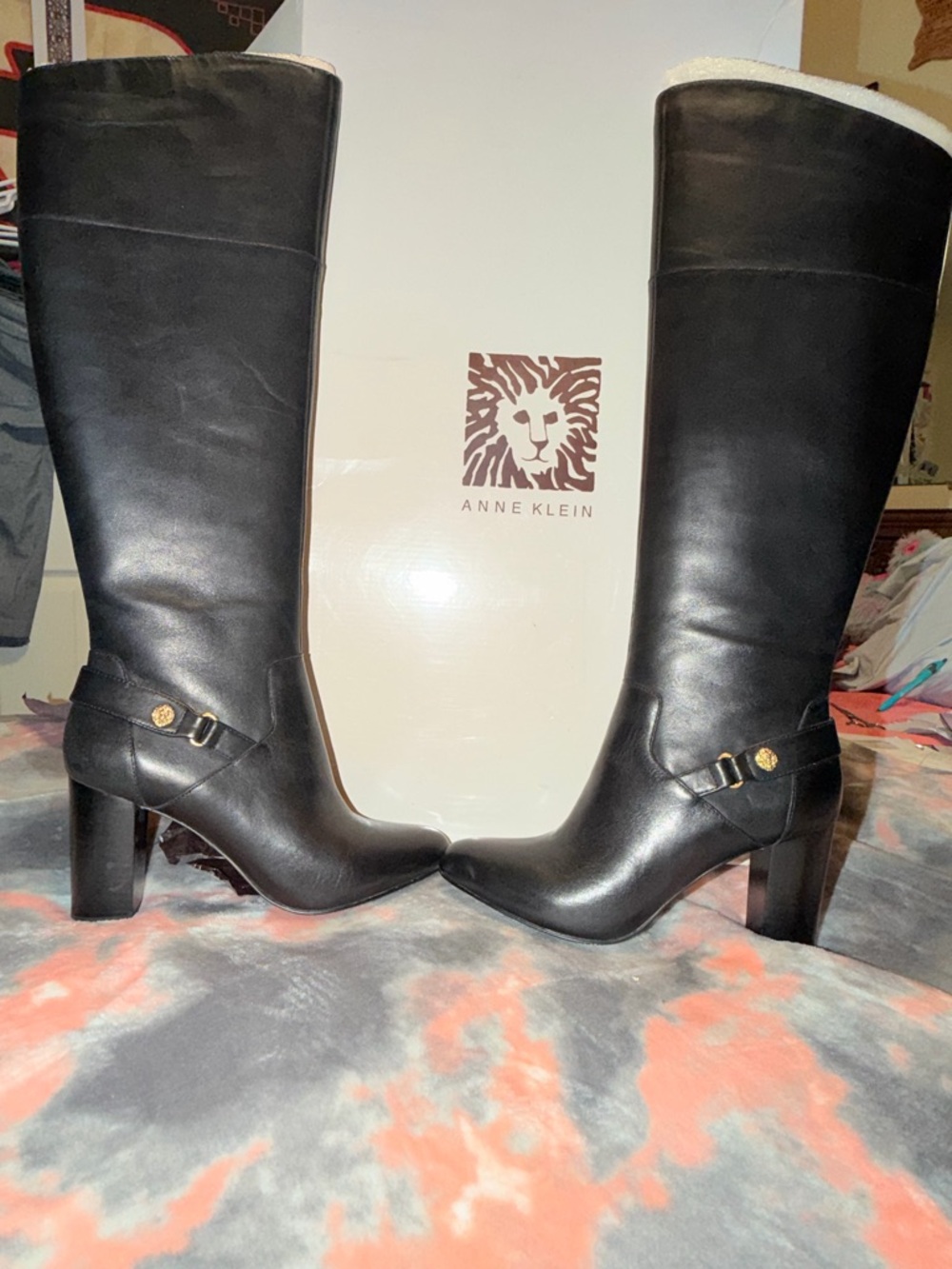 Anne Klein Black Leather Mid-Calf Heeled Boots